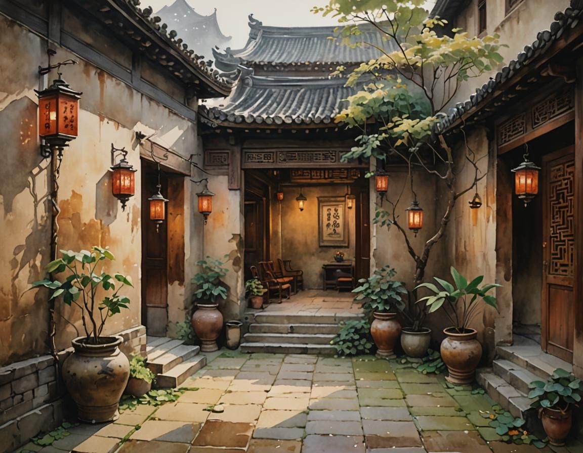 Close rustic.Watercolor, wet on wet. Interior,courtyard. Ancient era China. Art by Hugo Keller  by @D0npen