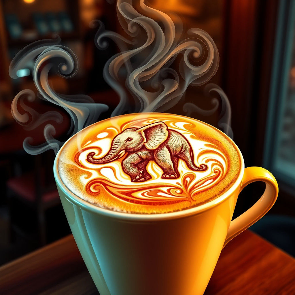 A close-up of a latte with a stunning elephant design