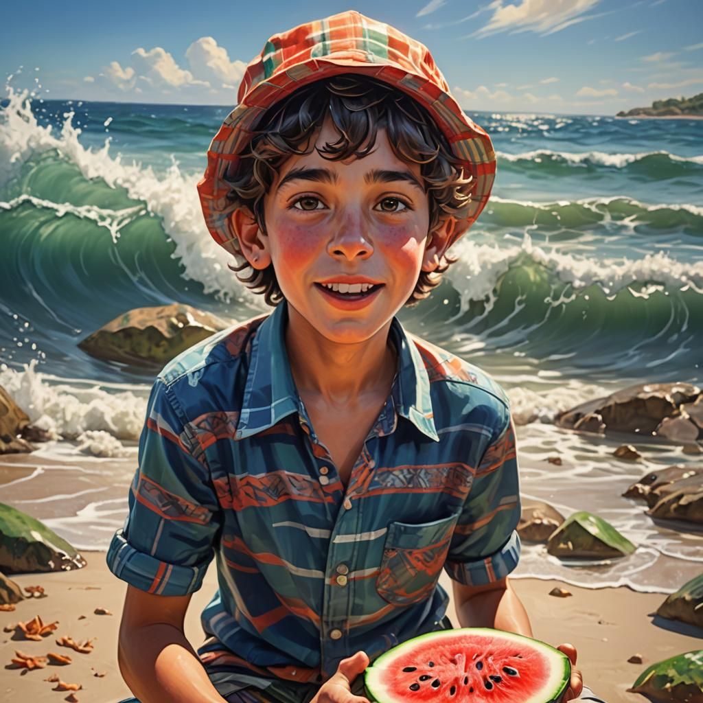 Boy Eating Watermelon: Vibrant Fantasy Beach Scene