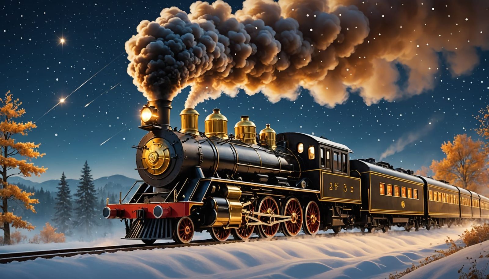 A very detailed movie scene of a magical old-fashioned steam train flying through the sky at night with ...  by @Mr Classics