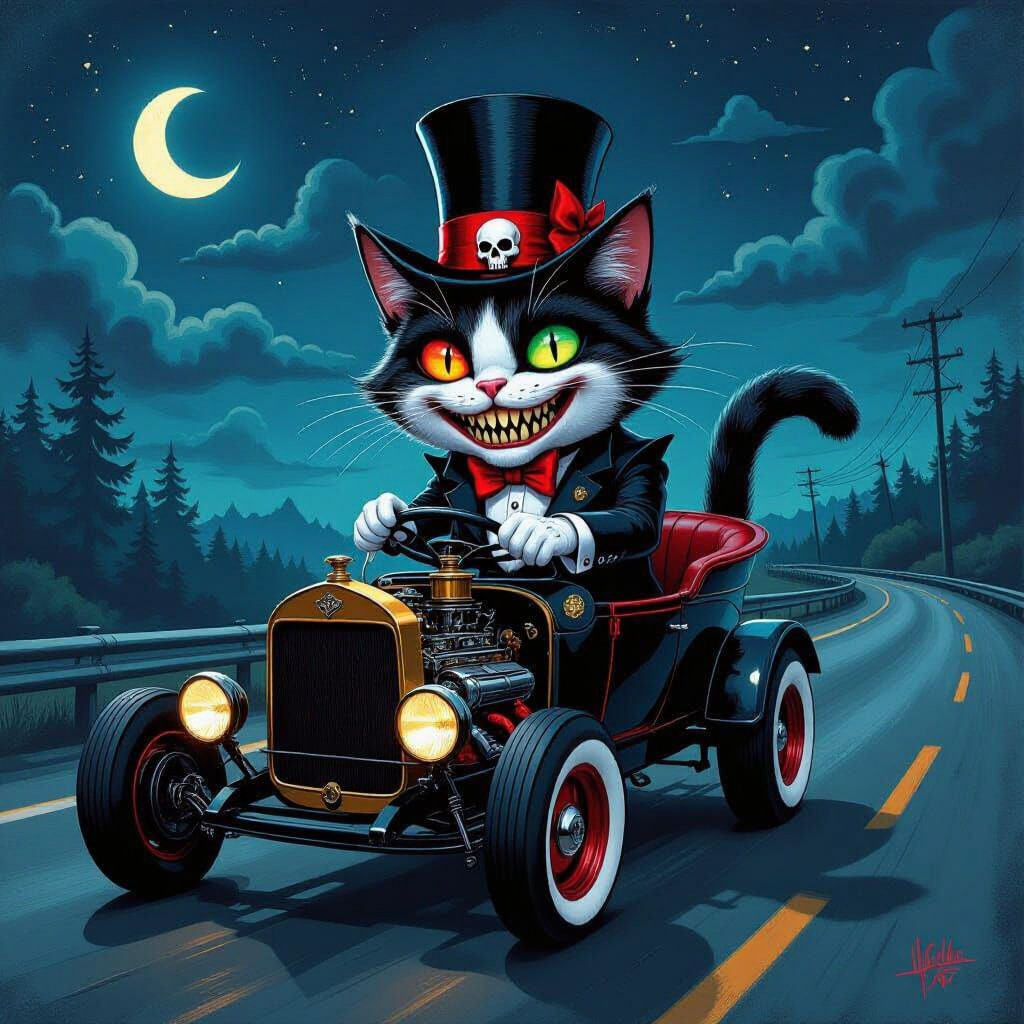 Vampire Cat Drives Rat Rod: Surreal Polychromatic Art