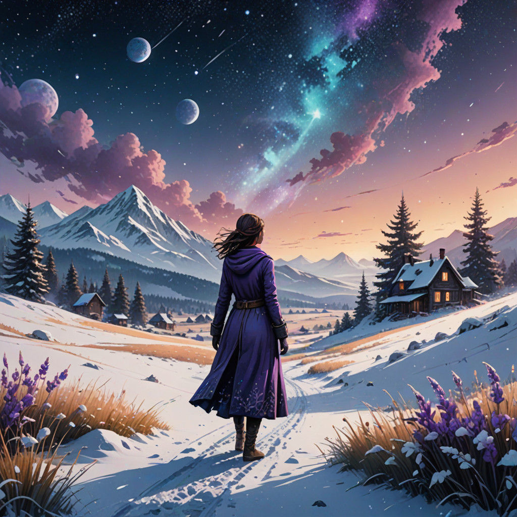 A delicate ink and watercolor piece of a woman standing alone in a snowy field under a vast, starry sky. ...  by @Ycw