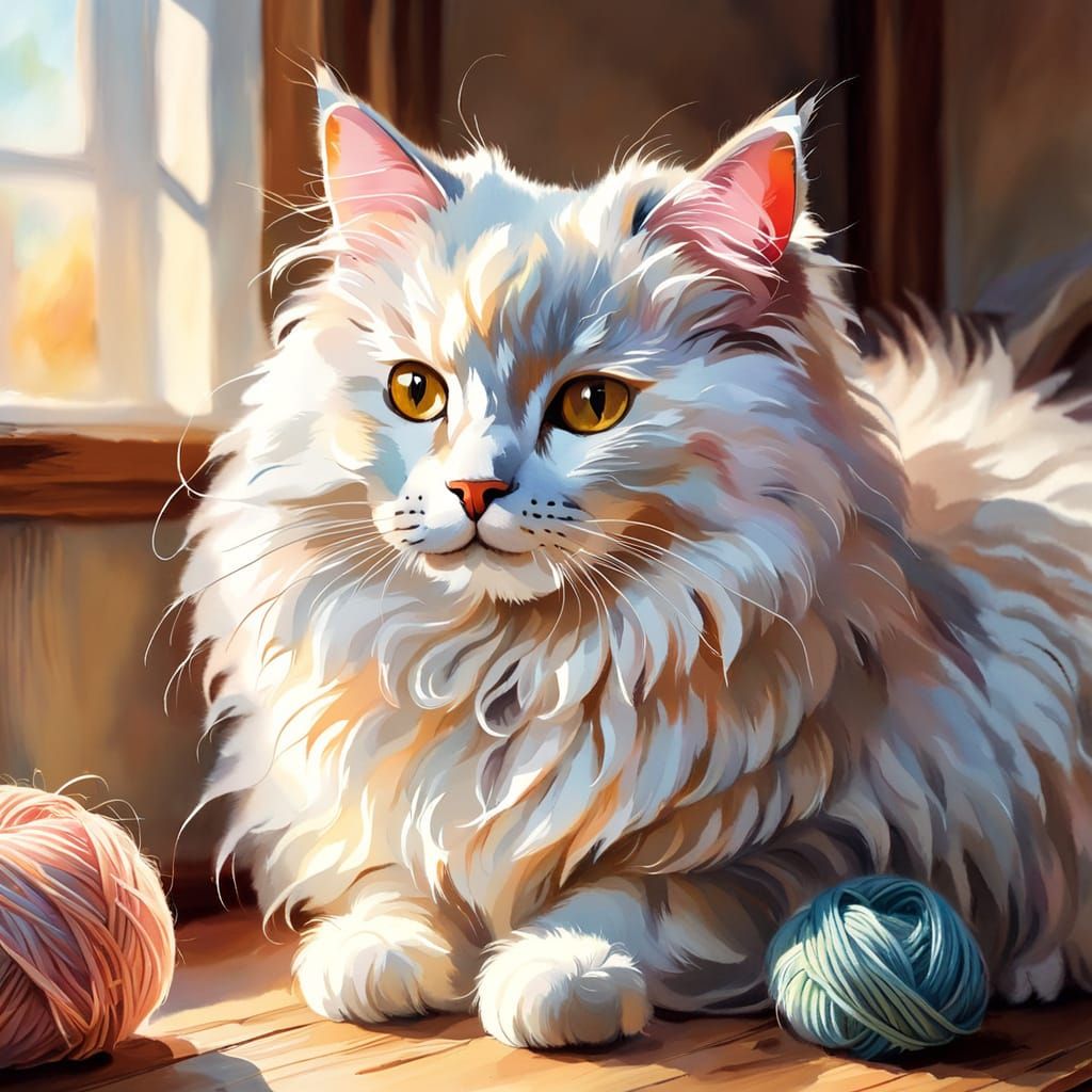 Whimsical Watercolor Portrait of Curious Cat and Yarn