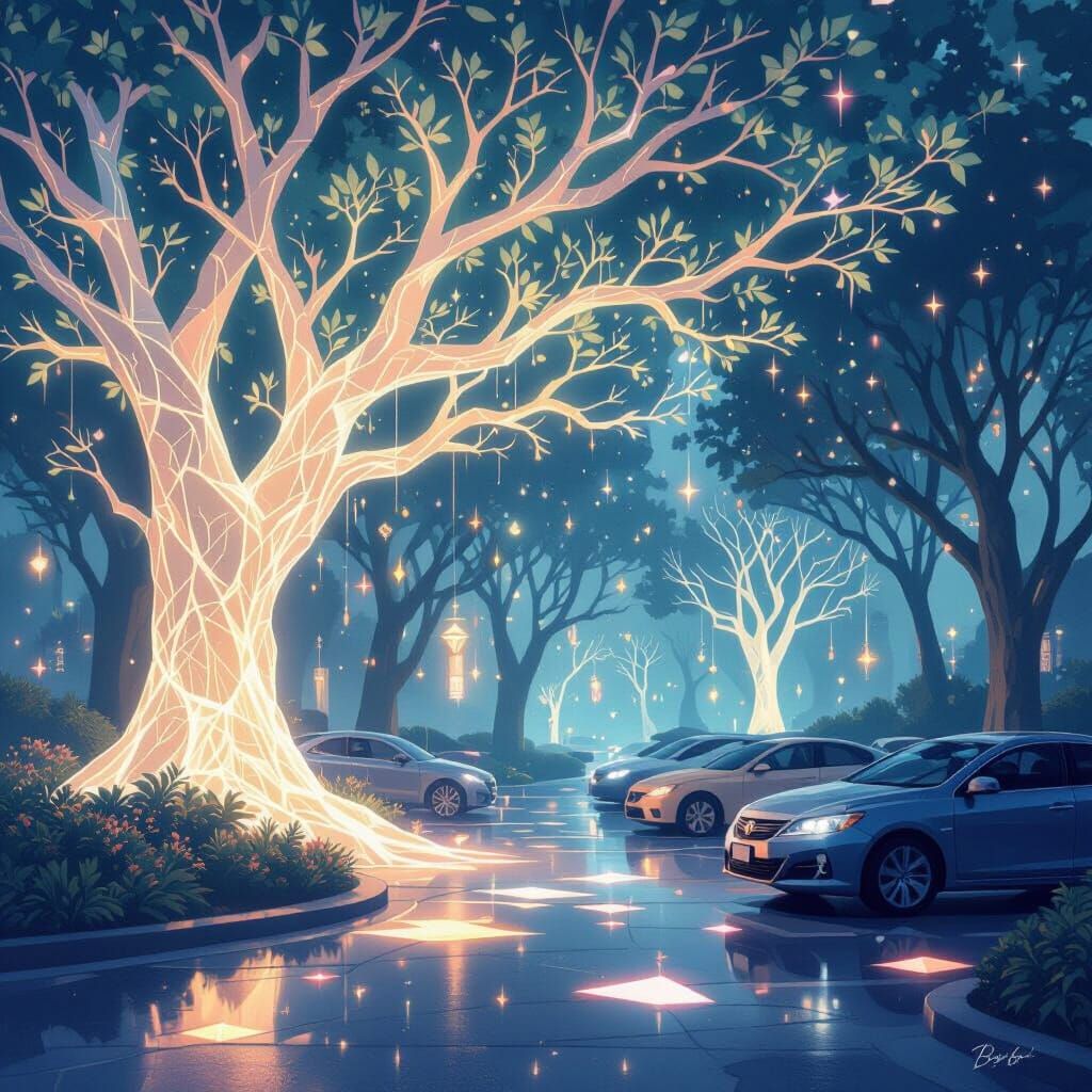 Radiant branches illuminate quiet parked automobiles.
Mystical dust floats through softly glowing air.
Dreamlike geometry reshapes pavement ...