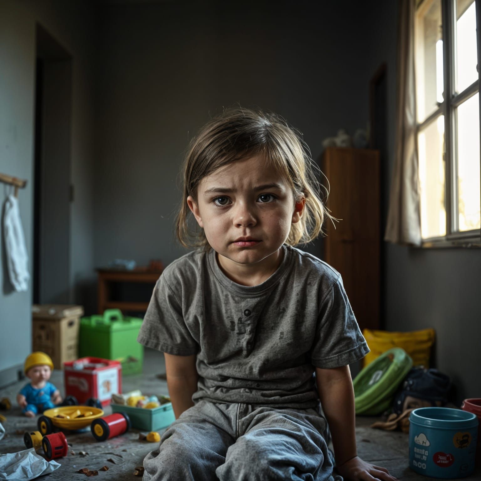 Lonely Girl in a Dark Room with Vibrant Colors