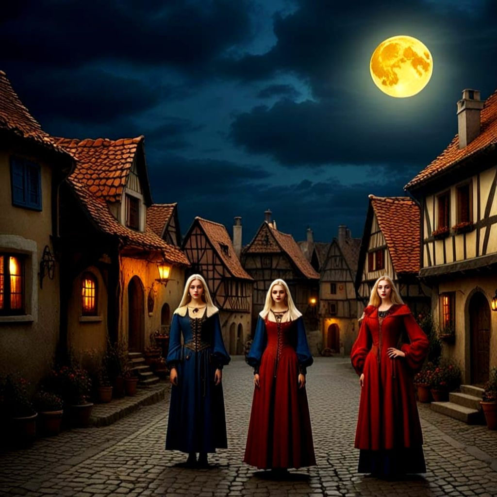 Medieval Village at Night in Surreal Style