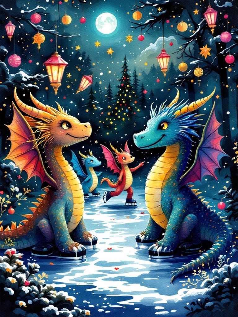 Magical Dragons Dance on Ice in Whimsical Folk Art Scene