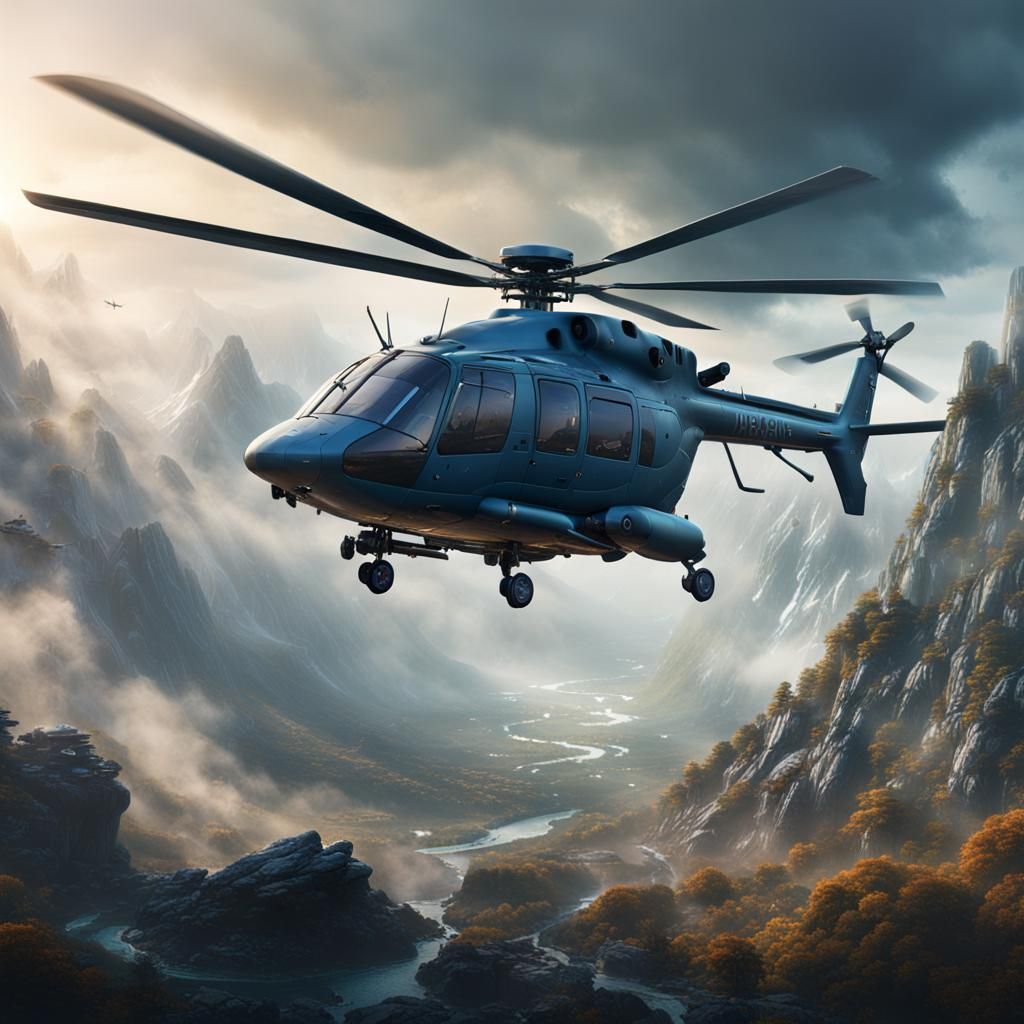 Helicopter flying around misty mountain. - AI Generated Artwork ...