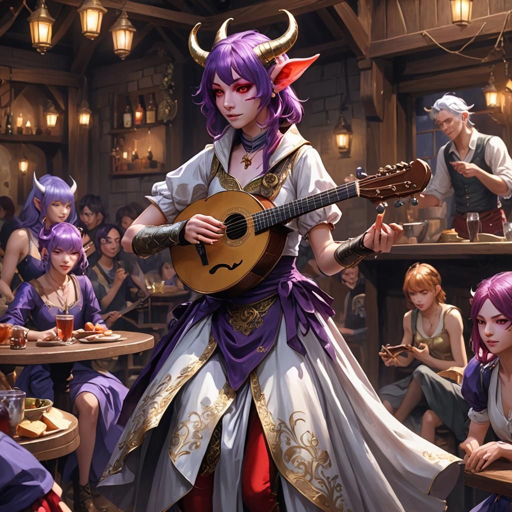 Tiefling Bard Playing At A Tavern