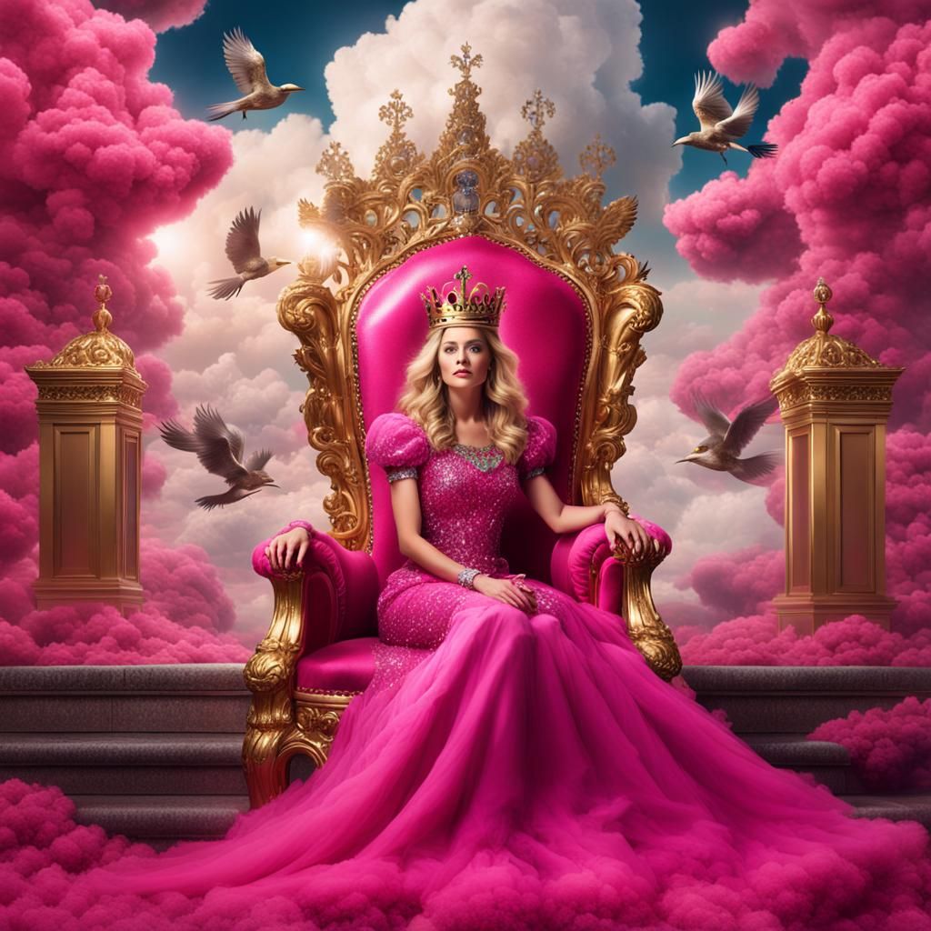 Blonde Woman on Gold Throne in Pink Dress