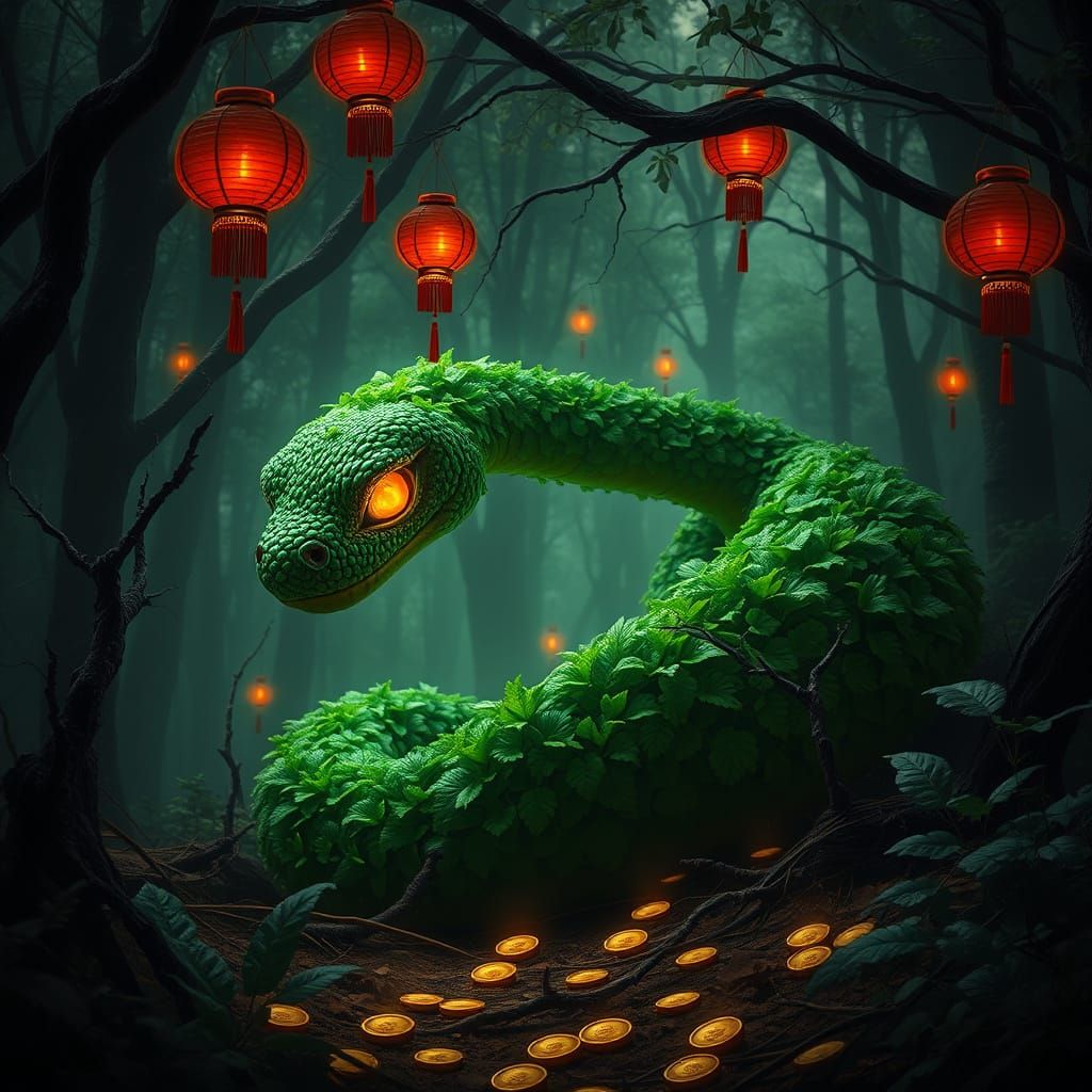 Leafy vines create the image of a snake that is rearing up.   by @Michelle