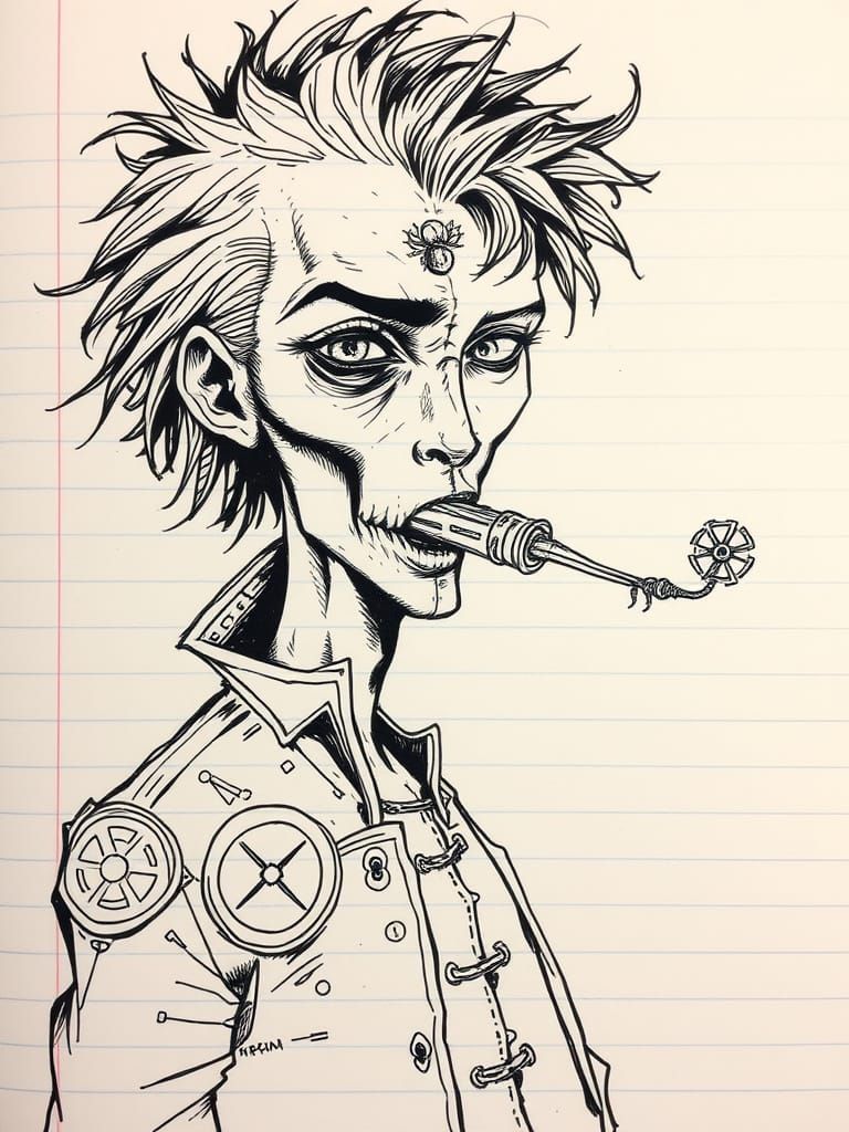 A surreal, hand-drawn ink sketch of a humanoid figure on lined notebook paper. The character has an asymmetrical face, with one side appeari...