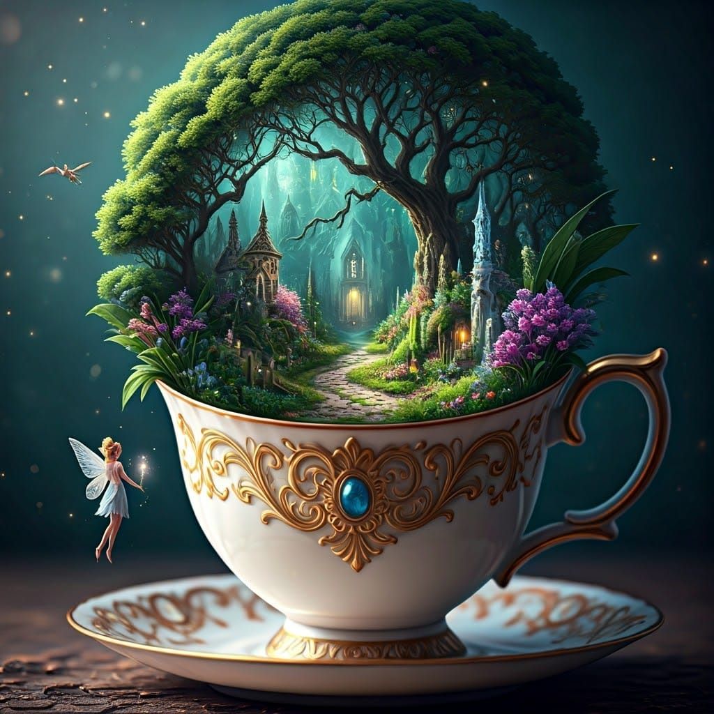 Hyperdetailed art of Close-up ornate porcelain teacup containing a miniature enchanted landscape and ...  by @amrellin