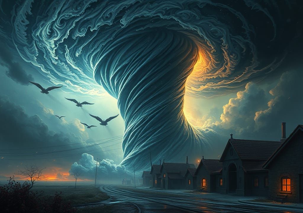 a swirling strong wind tornado tearing through a small town, strong winds, storms, Dan Seagrave Burne ...  by @Spearmint