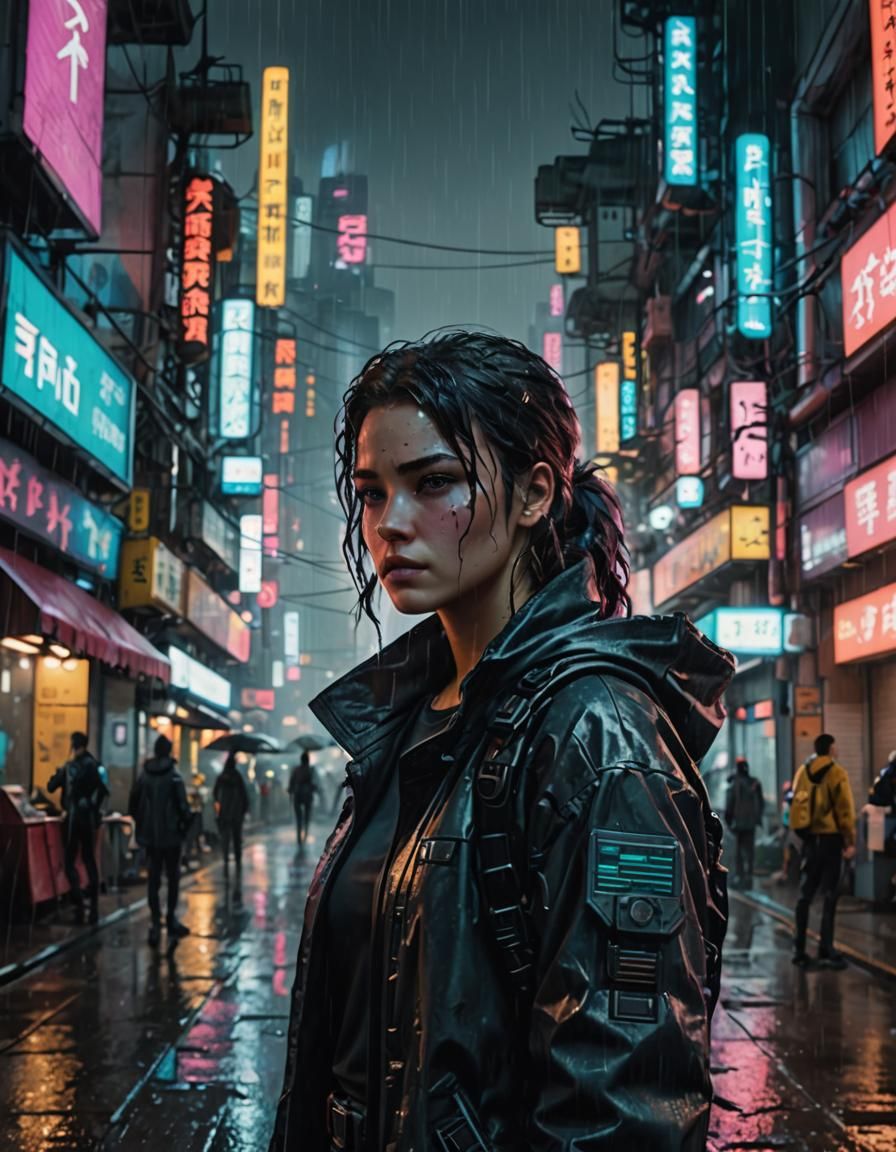 Medium shot of a female sci-fi protagonist in a cyberpunk ci...