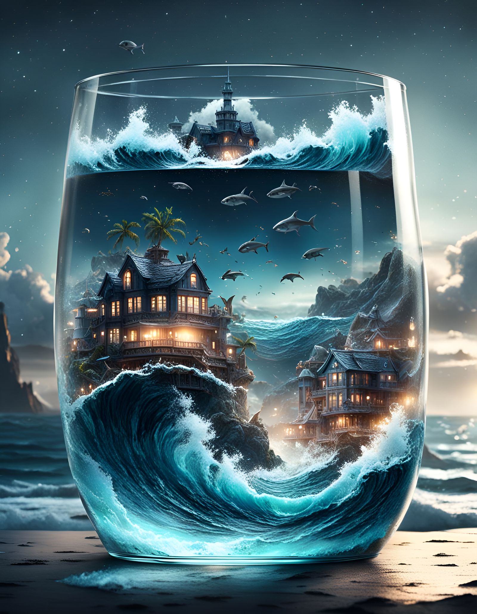 The ocean in a glass at midnight