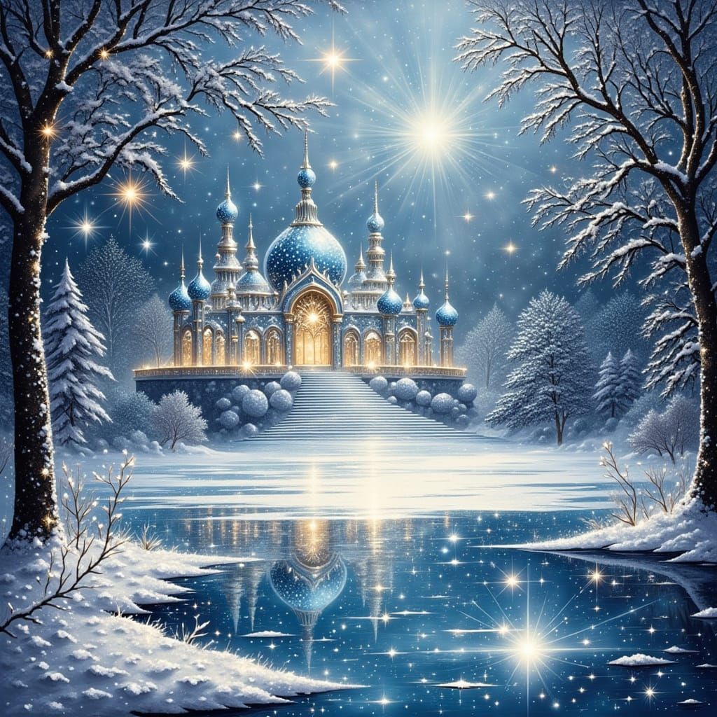 A majestic Crystal palace on a serene frozen lake, its crystals crafted in exquisite plique-a-jour, reminiscent of Louis Comfort Tiffany's o...