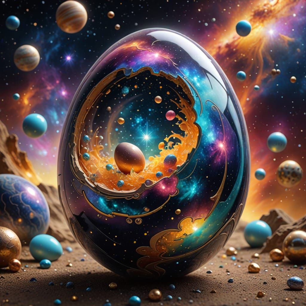 A whimsical Easter egg floating gently in the cosmos, with swirling nebulas and distant galaxies visible ...  by @Anna Koprivova