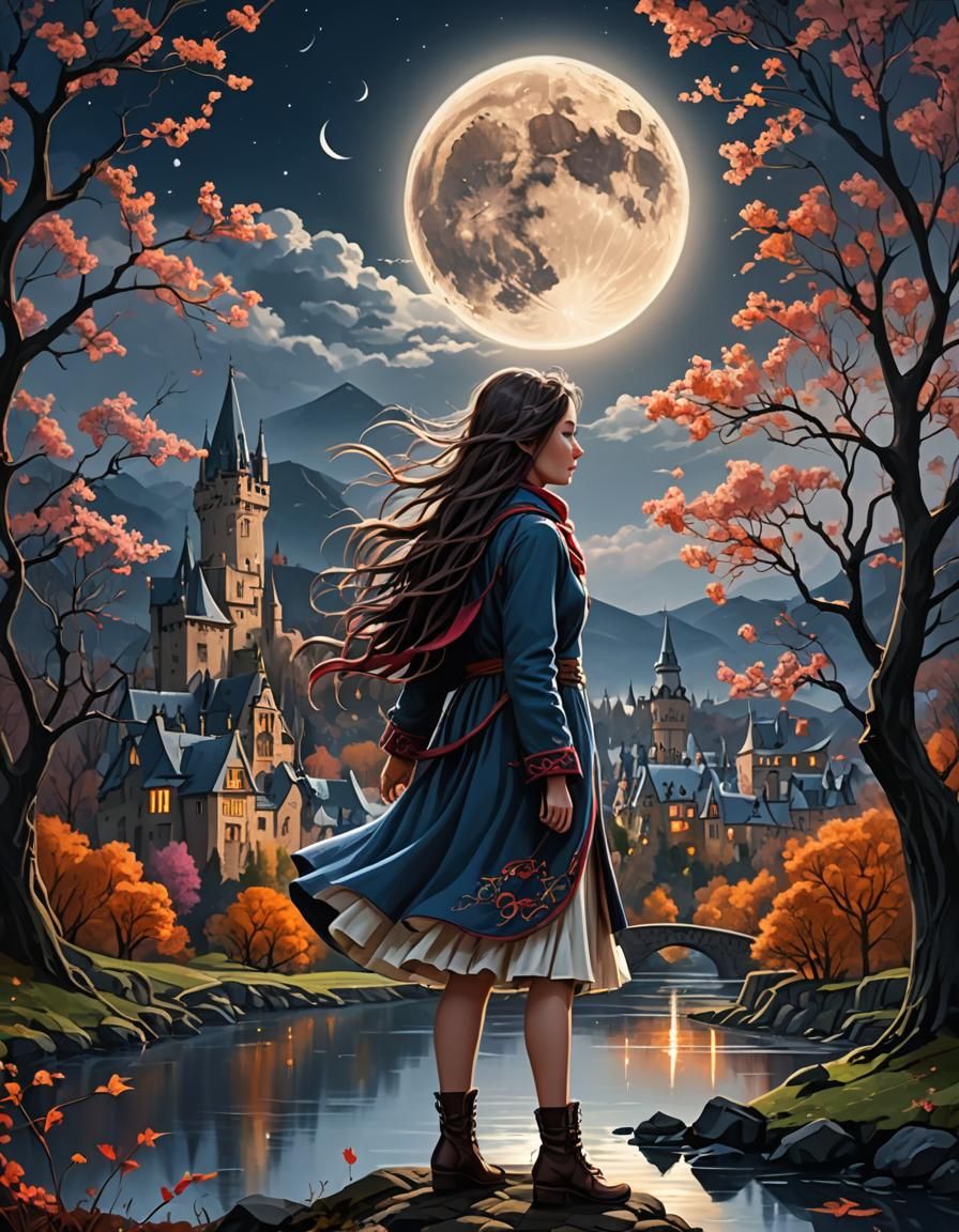 Eclipse of beautiful moon girl, flowing weather,  windy day,...