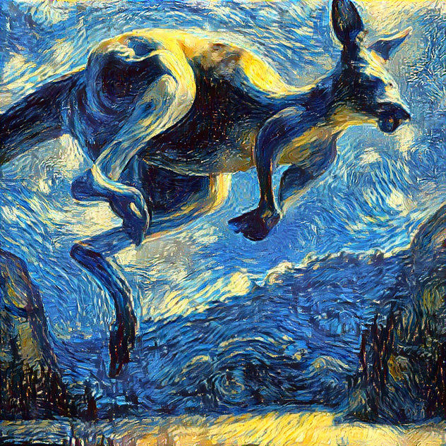 Kangaroo mid jump starry night style