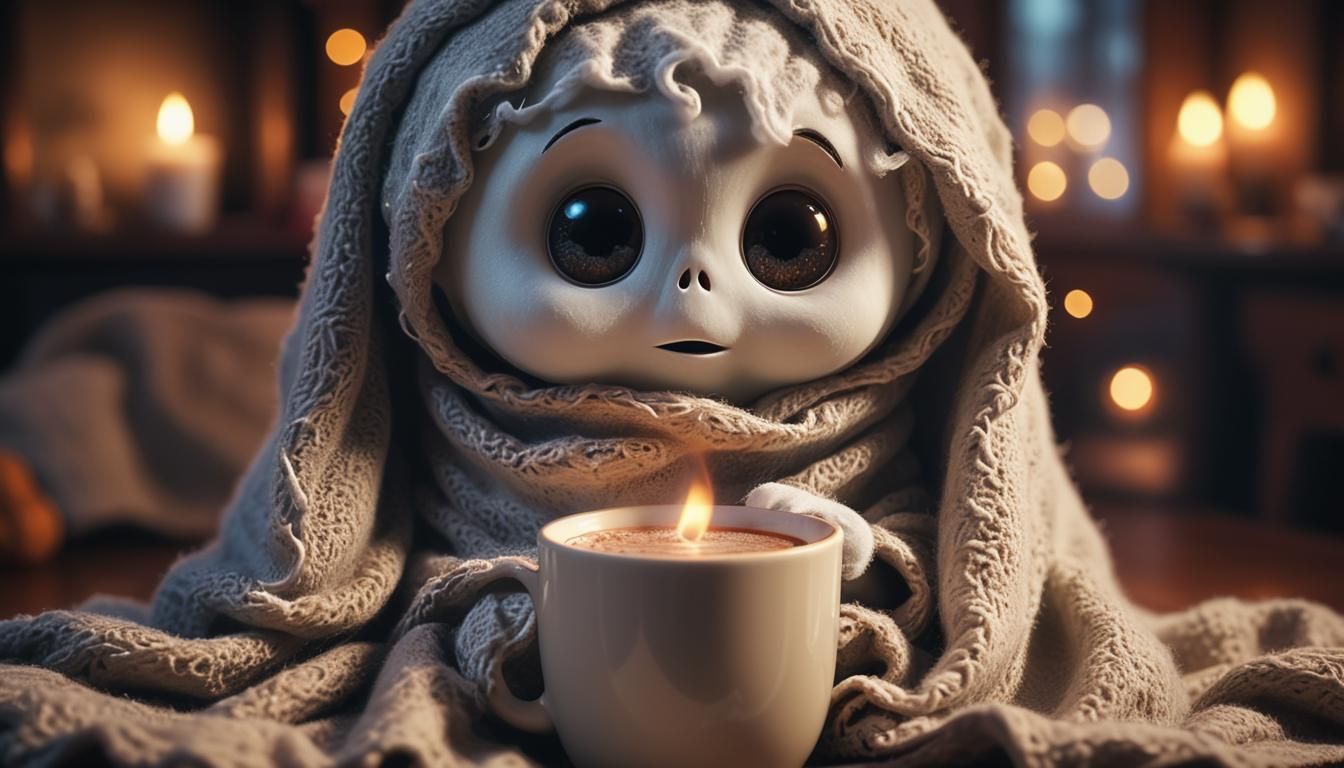 Cute, scary, A tiny ghost wrapped in a cozy blanket, holding a cup of hot cocoa.  by @Adamka