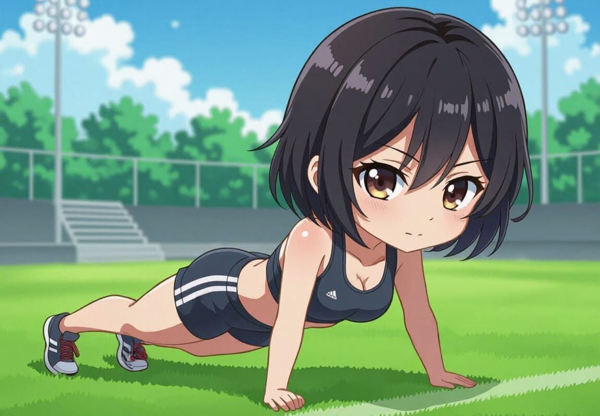 Anime Chibi Woman Doing Push-Ups on Field