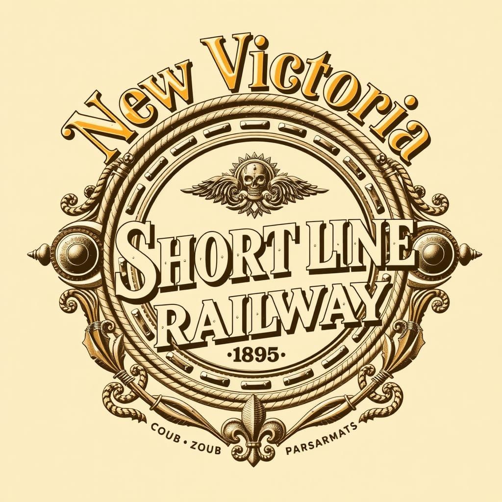 Intricately designed, vintage railroad company logo from 1895, featuring the words "New Victoria" in elegant, serif typo...