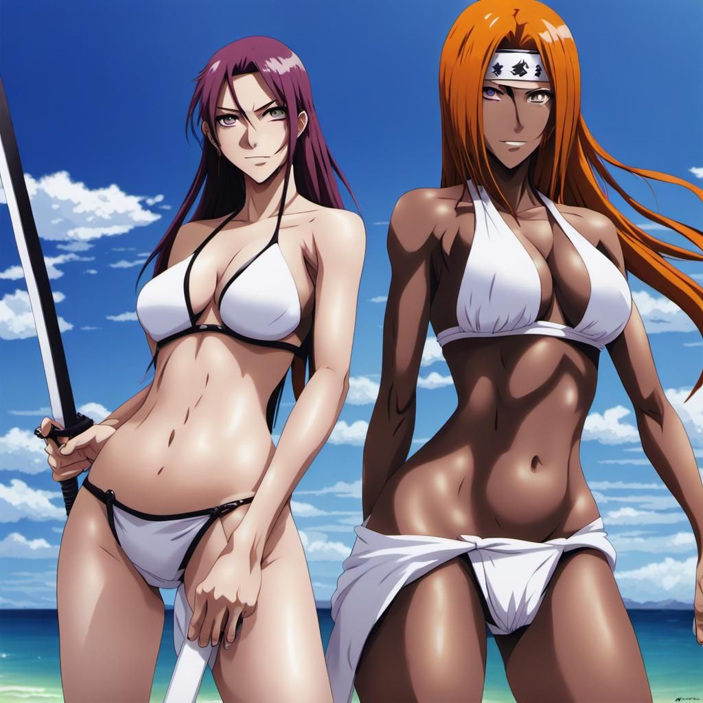 Yoruichi Shih in and Rangiku Matsumoto from Bleach in large bikini