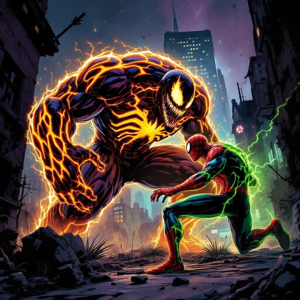 Venom Confronts Spiderman in Gritty Neon Cityscape