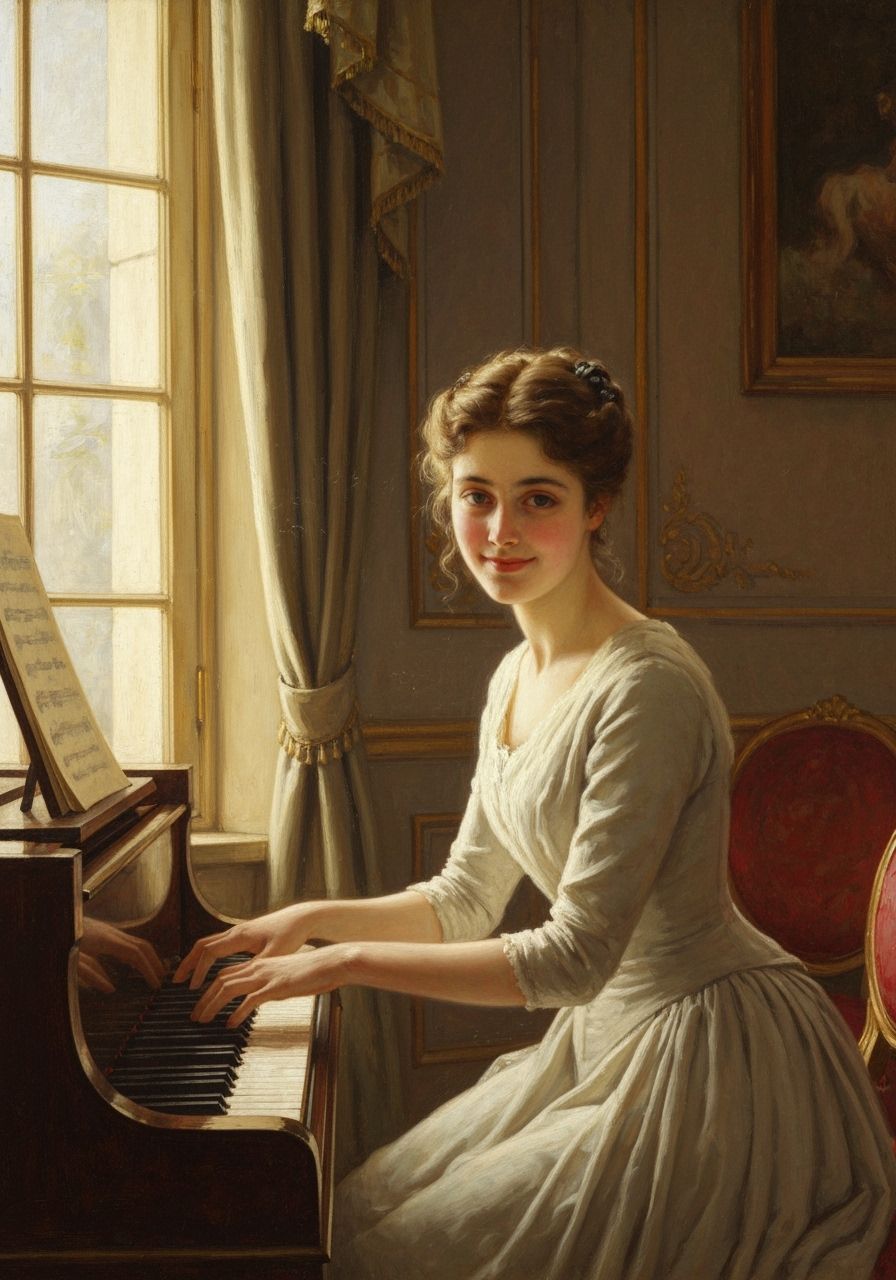  A beautiful young Victorian woman in a parlor playing the piano, shy smile, oil on canvas  by @Troxley