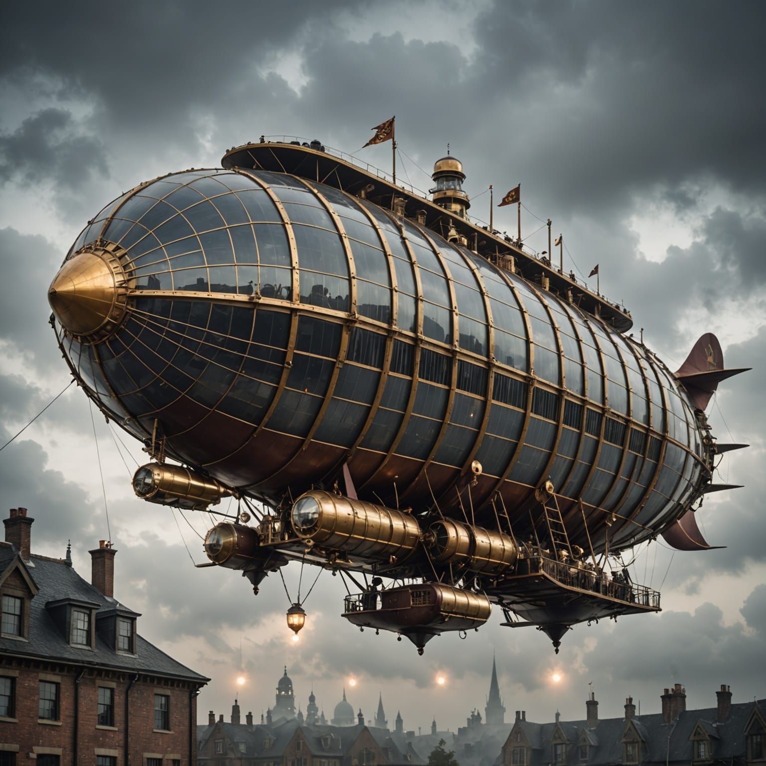 Steampunk era airship outfitted with present day solar panels, impressive, elegant, lighter than air feel, mist and clou...