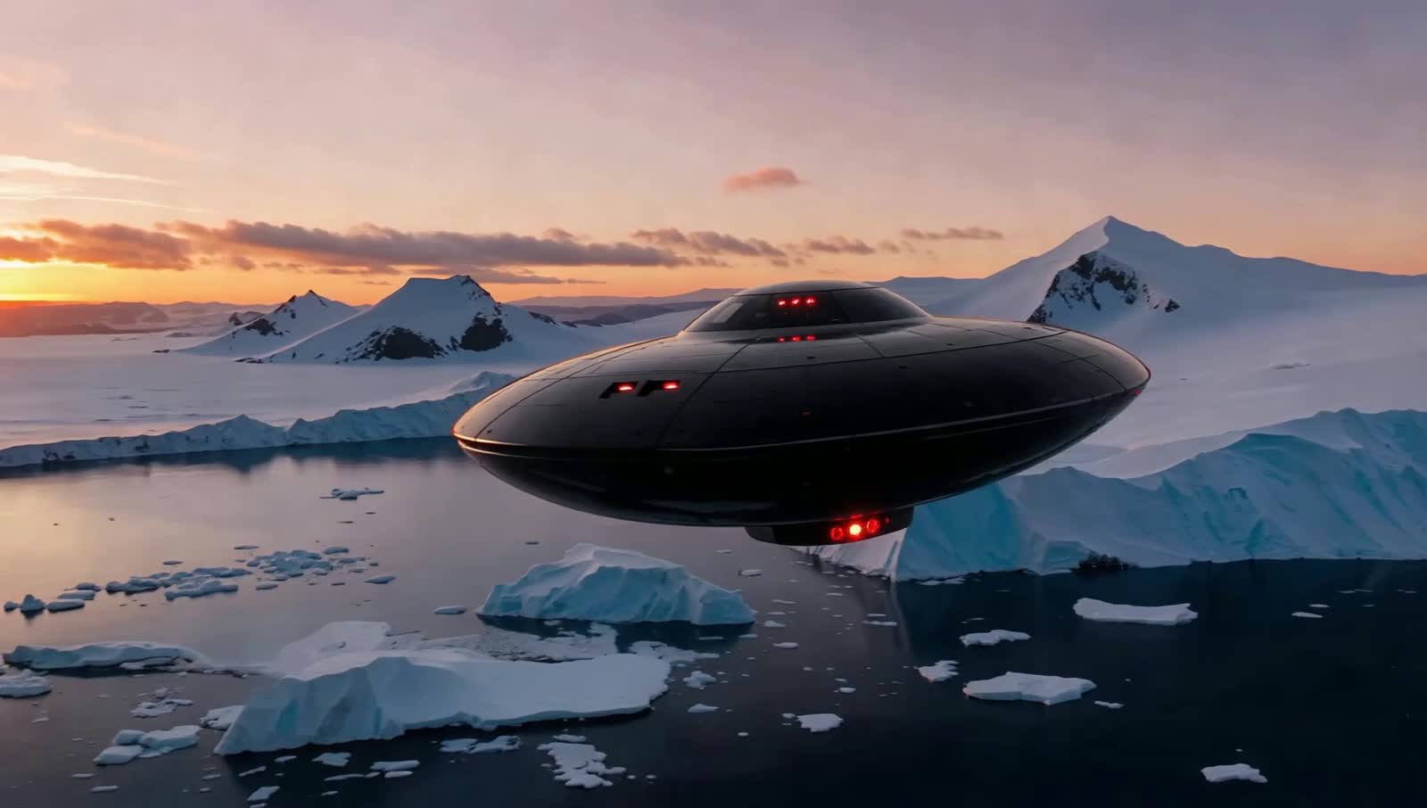 Very scary looking Black colored UFO with red lights flying over Anartica at dusk