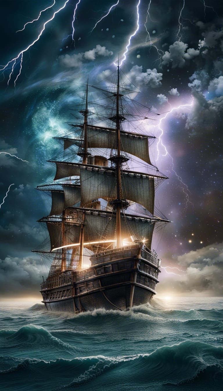 An old ship across rough sea during thunderstorm  by @Heralyn