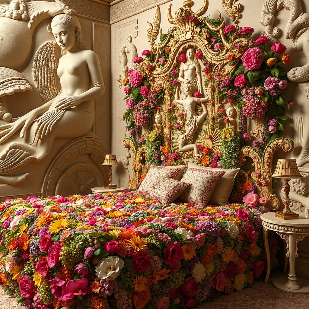 Immortal Egypt Surreal artisanal bed made entirely of local flowers and