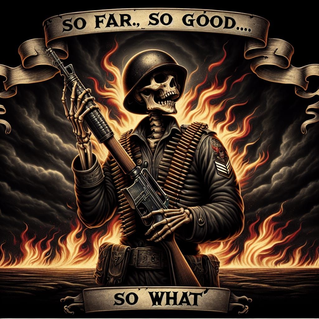 Skeleton in Military Gear Amidst Flames, Heavy Metal Art