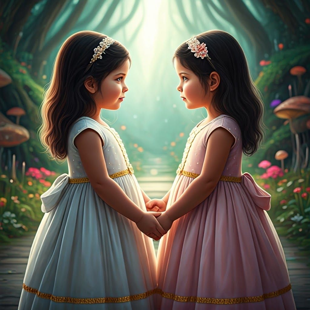 Two Little Girls Share a Tender Moment in a Whimsical Wonder...