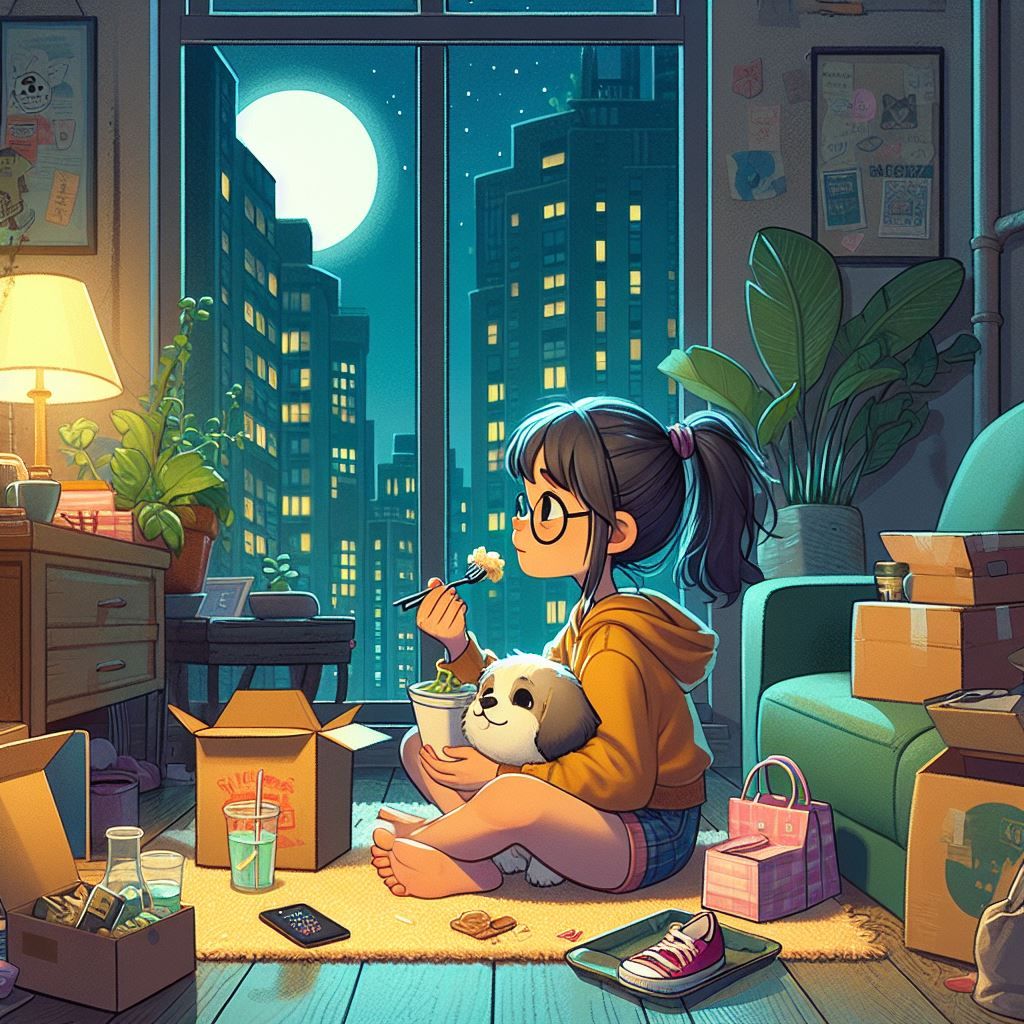 V.1 Eating take out in the style of illustrator Yaoyao Ma Va...