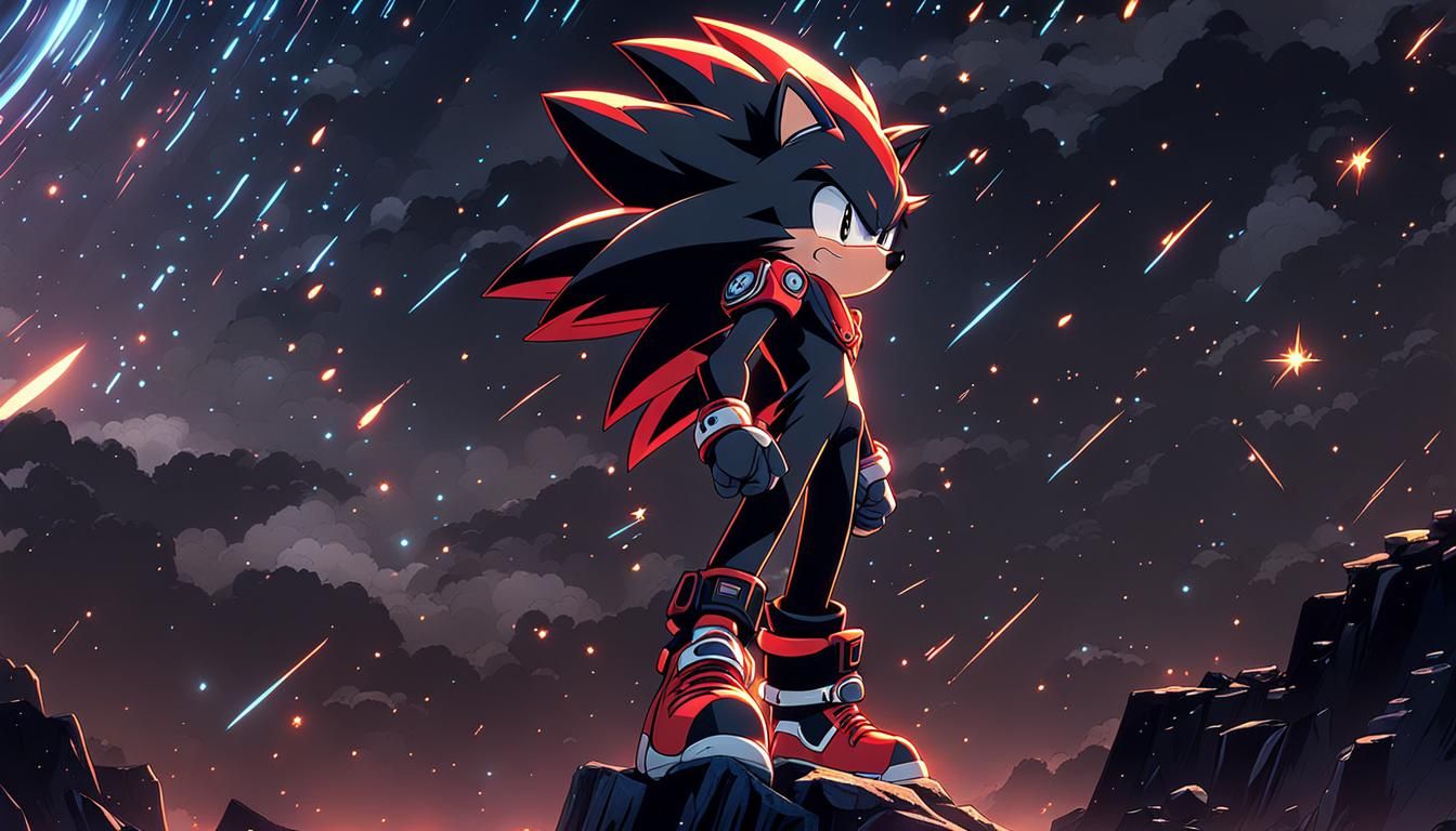 Shadow The Hedgehog. Background: Shooting stars night time, HD, Detailed, High Quality. 