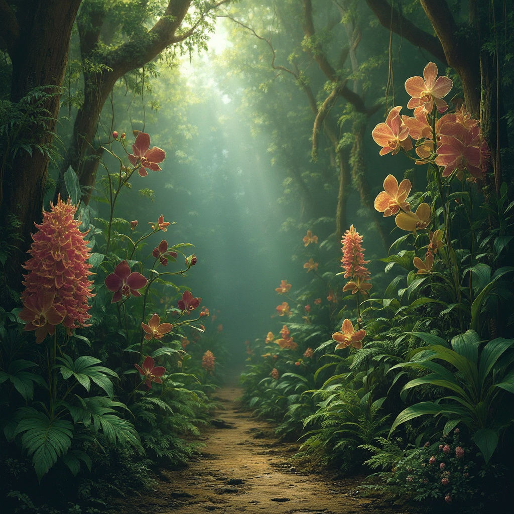 An ancient rainforest, abundant with flowering orchids. 