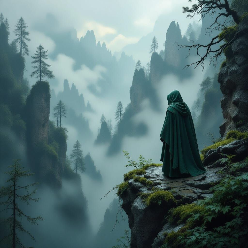 A wanderer in a hooded green cloak stands on top of a rocky crevice looking down into a ravine. Below there is a Black Forest of tall sentin...