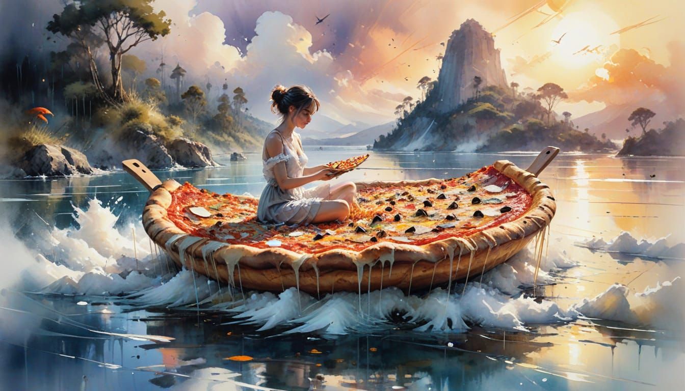 envision a colossal pizza slice floating serenely amidst a sea of fluffy clouds, adorned with pepperoni ...  by @Solfreedom