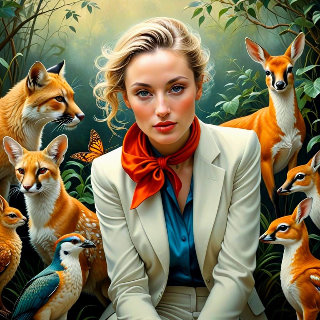 Surreal Portrait of Urbane Lady with Fantastic Animals