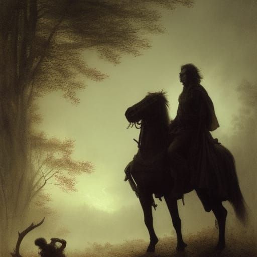 earl king, dark forest, father and son on horseback, haunted