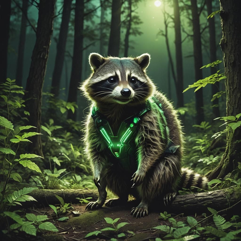 An alien racoon in the forest that is glowing green at night