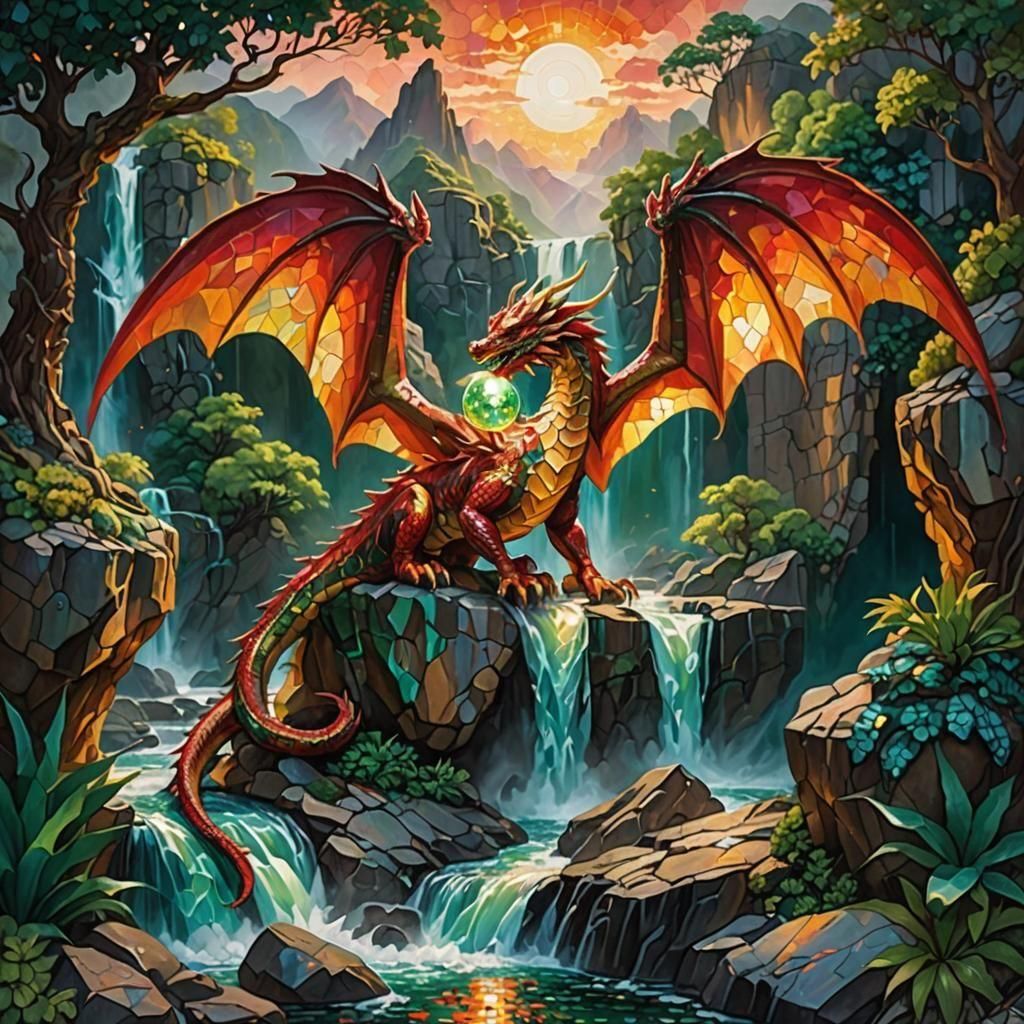 Dragon holding a glowing orb sitting outside a tall waterfall, oil painting, mosaic, vivid color, red, green, gold, bronze