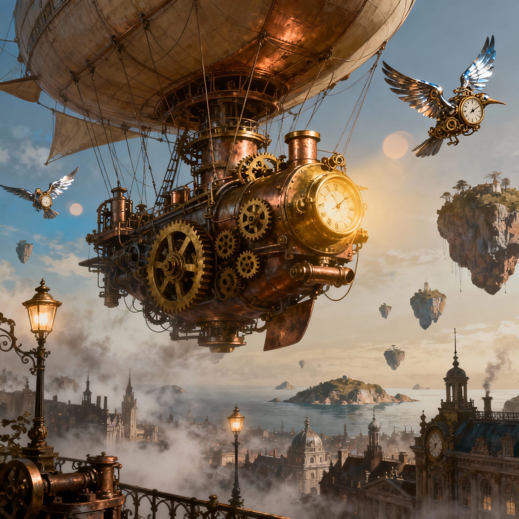  A steampunk airship navigating through a sky filled with floating islands and clockwork birds. 