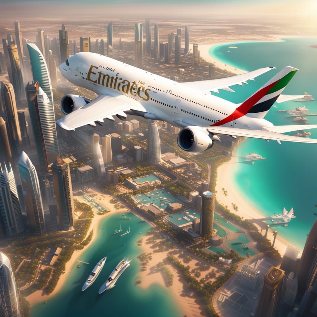 A EMIRATES PLANE FLYING OVER ABU DHABI