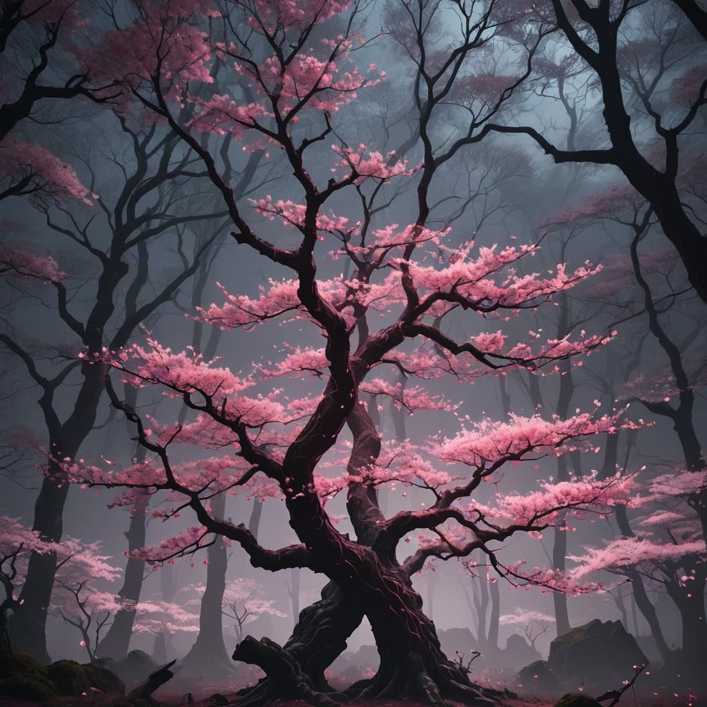 A beautiful ancient sakura tree in a dark foggy forest