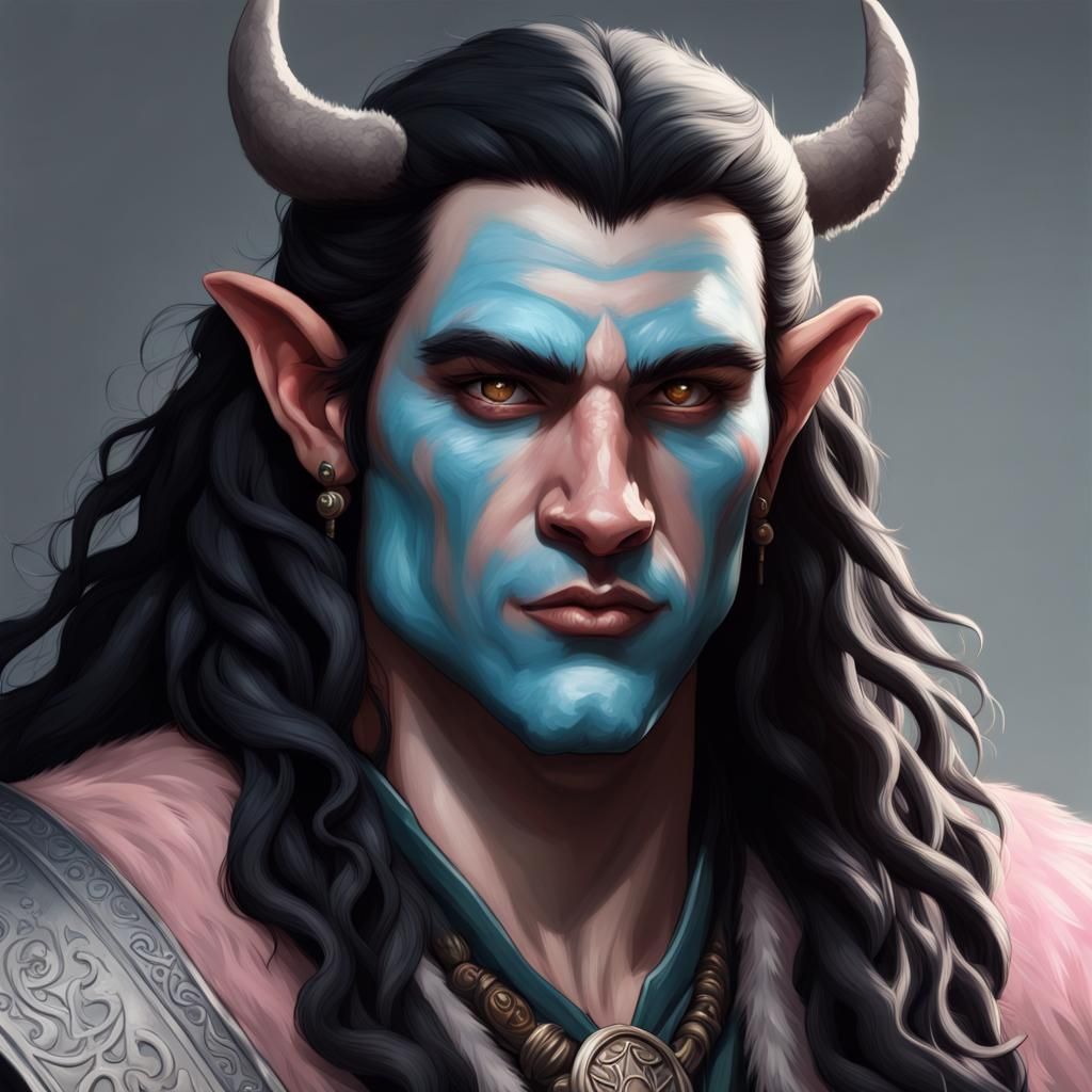 Greyish blue skin toned Firbolg Cleric with long black curly hair ...