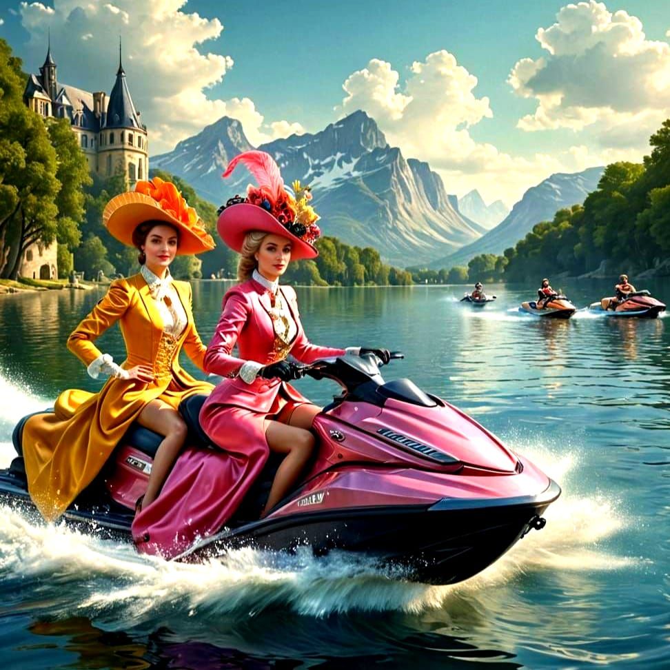 Parisian Ladies on Jet Skis in Surreal Landscape
